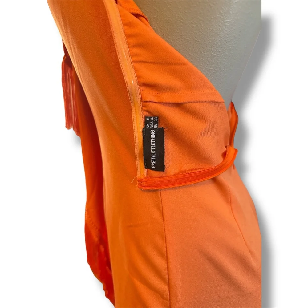 PrettyLittleThing Orange Fringed Strapless Midi Dress Size 4